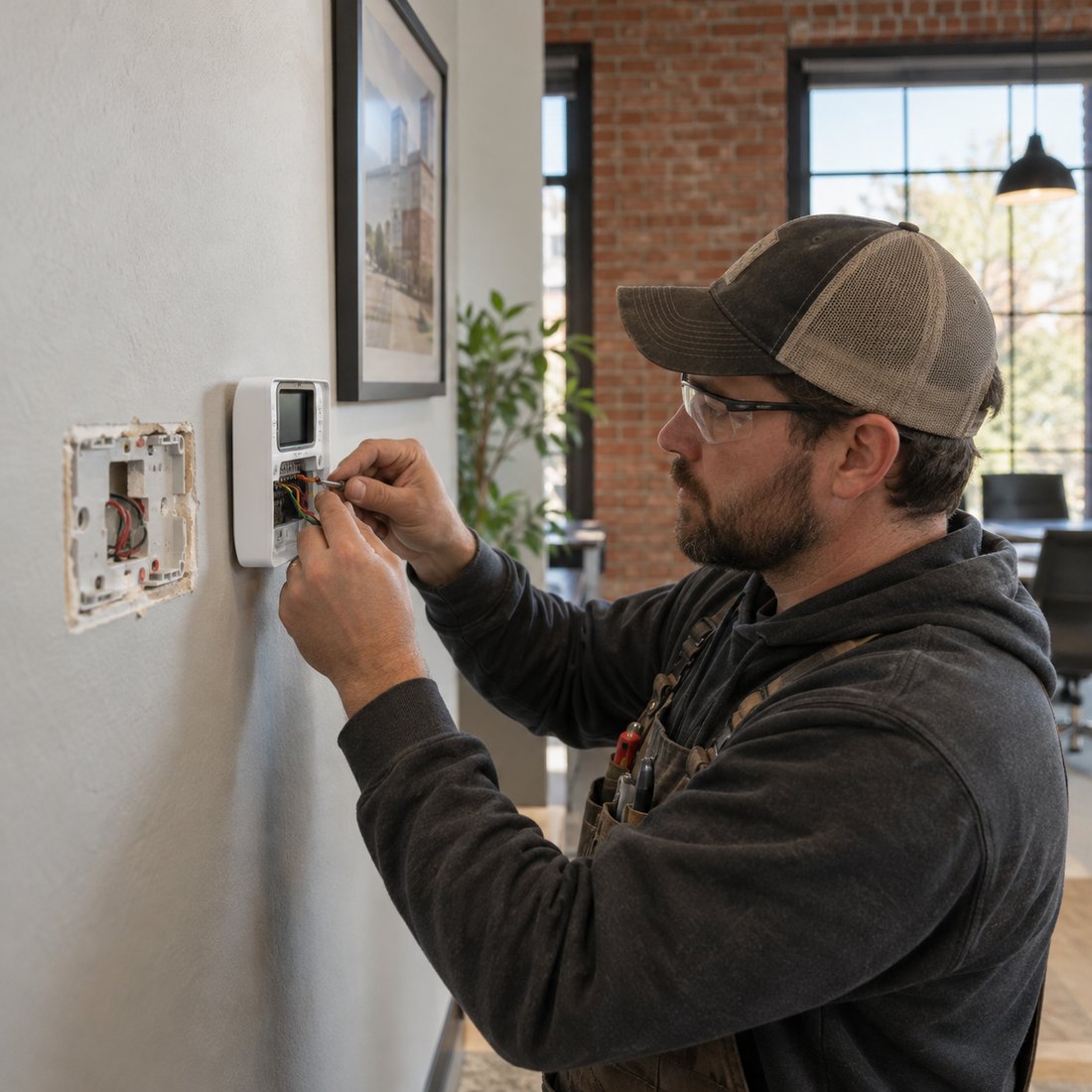 A technician wiring a new programmable thermostat on an office wall, the old unit removed beside it