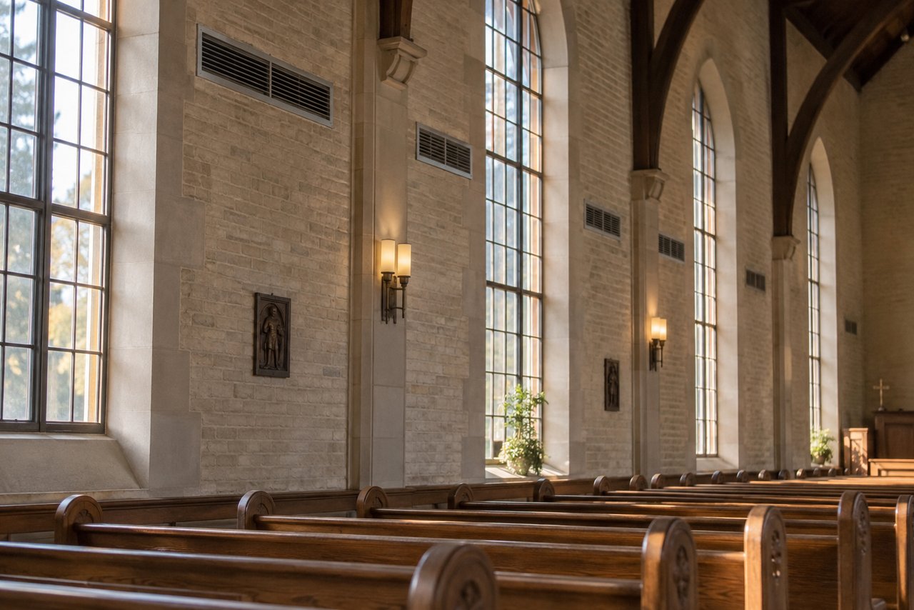 Supply grilles high on the walls of a church sanctuary with tall windows and wooden pews
